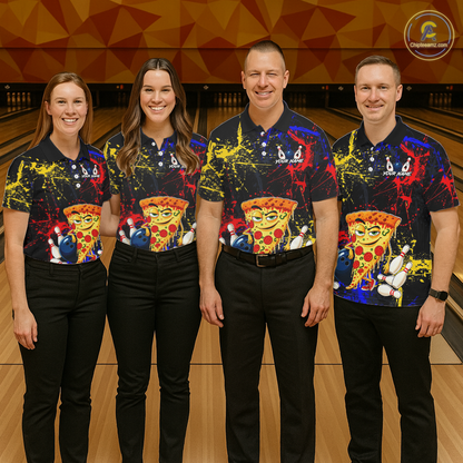 Four people wearing black bowling polo featuring colorful red, yellow, and blue paint splatter graphics, a cartoon pizza slice mascot, bowling pins, and custom your name text.
