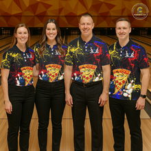 Load image into Gallery viewer, Four people wearing black bowling polo featuring colorful red, yellow, and blue paint splatter graphics, a cartoon pizza slice mascot, bowling pins, and custom your name text.