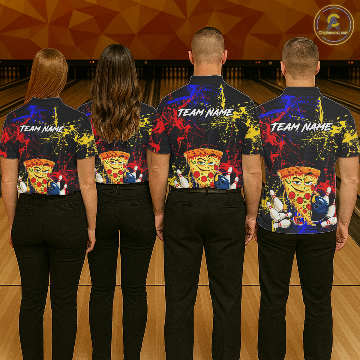 Four people wearing black bowling polo featuring colorful red, yellow, and blue paint splatter graphics, a cartoon pizza slice mascot, bowling pins, and custom team name text.