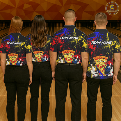 Four people wearing black bowling polo featuring colorful red, yellow, and blue paint splatter graphics, a cartoon pizza slice mascot, bowling pins, and custom team name text.