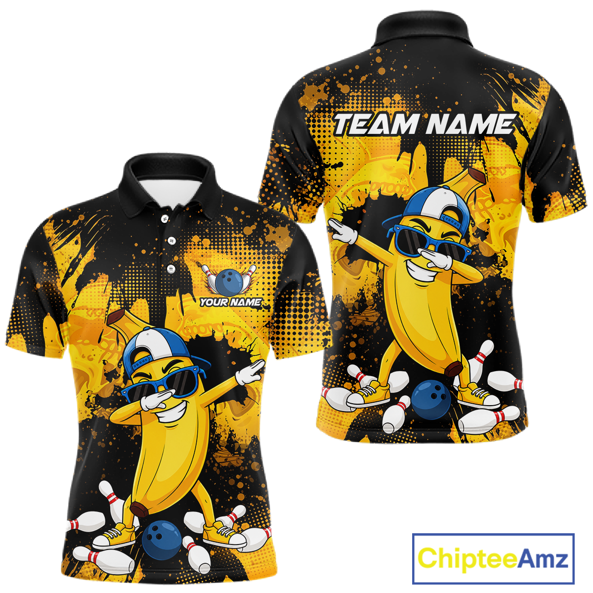 Front and back views of a black and yellow bowling polo featuring a cool banana mascot dabbing, bowling pins, a blue bowling ball, and custom team text.