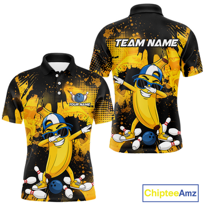Front and back views of a black and yellow bowling polo featuring a cool banana mascot dabbing, bowling pins, a blue bowling ball, and custom team text.