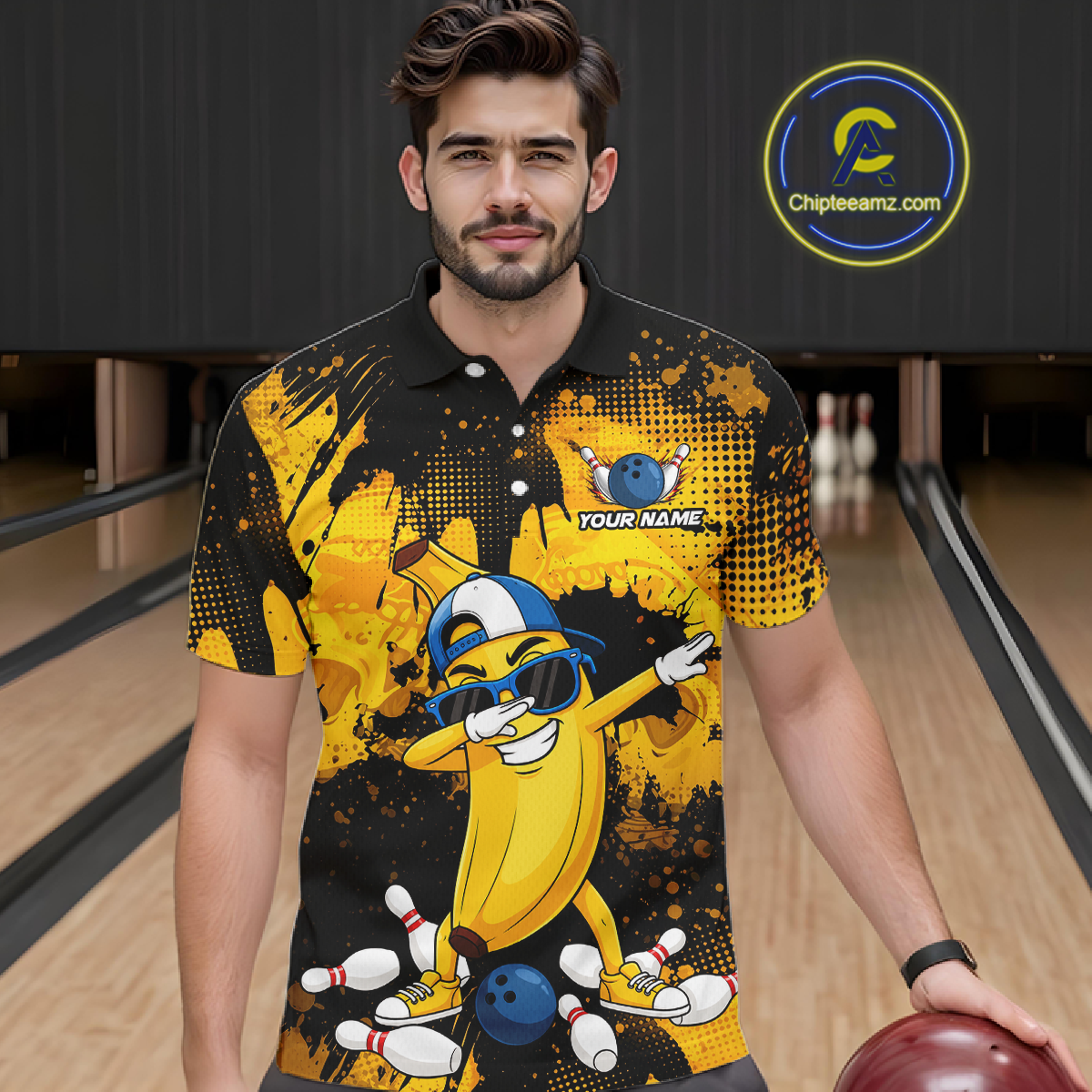 Man wearing a black and yellow bowling polo featuring a cool banana mascot dabbing, bowling pins, a blue bowling ball, and custom your name text.
