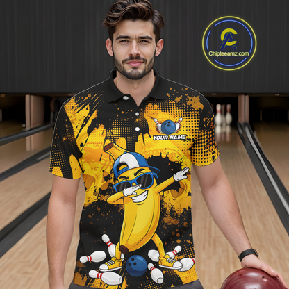 Man wearing a black and yellow bowling polo featuring a cool banana mascot dabbing, bowling pins, a blue bowling ball, and custom your name text.