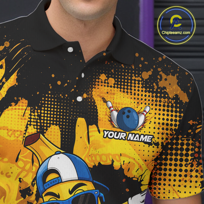Person wearing a black and yellow polo shirt with a bowling design and 'Your Name' text.