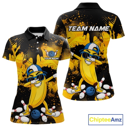 Front and back views of a black and yellow bowling polo featuring a cool banana mascot dabbing, bowling pins, a blue bowling ball, and custom team text.