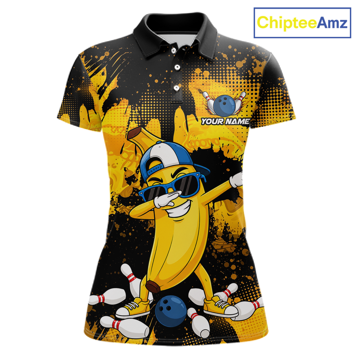 Front views of a black and yellow bowling polo featuring a cool banana mascot dabbing, bowling pins, a blue bowling ball, and custom your name text.