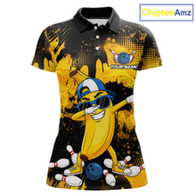 Load image into Gallery viewer, Front views of a black and yellow bowling polo featuring a cool banana mascot dabbing, bowling pins, a blue bowling ball, and custom your name text.
