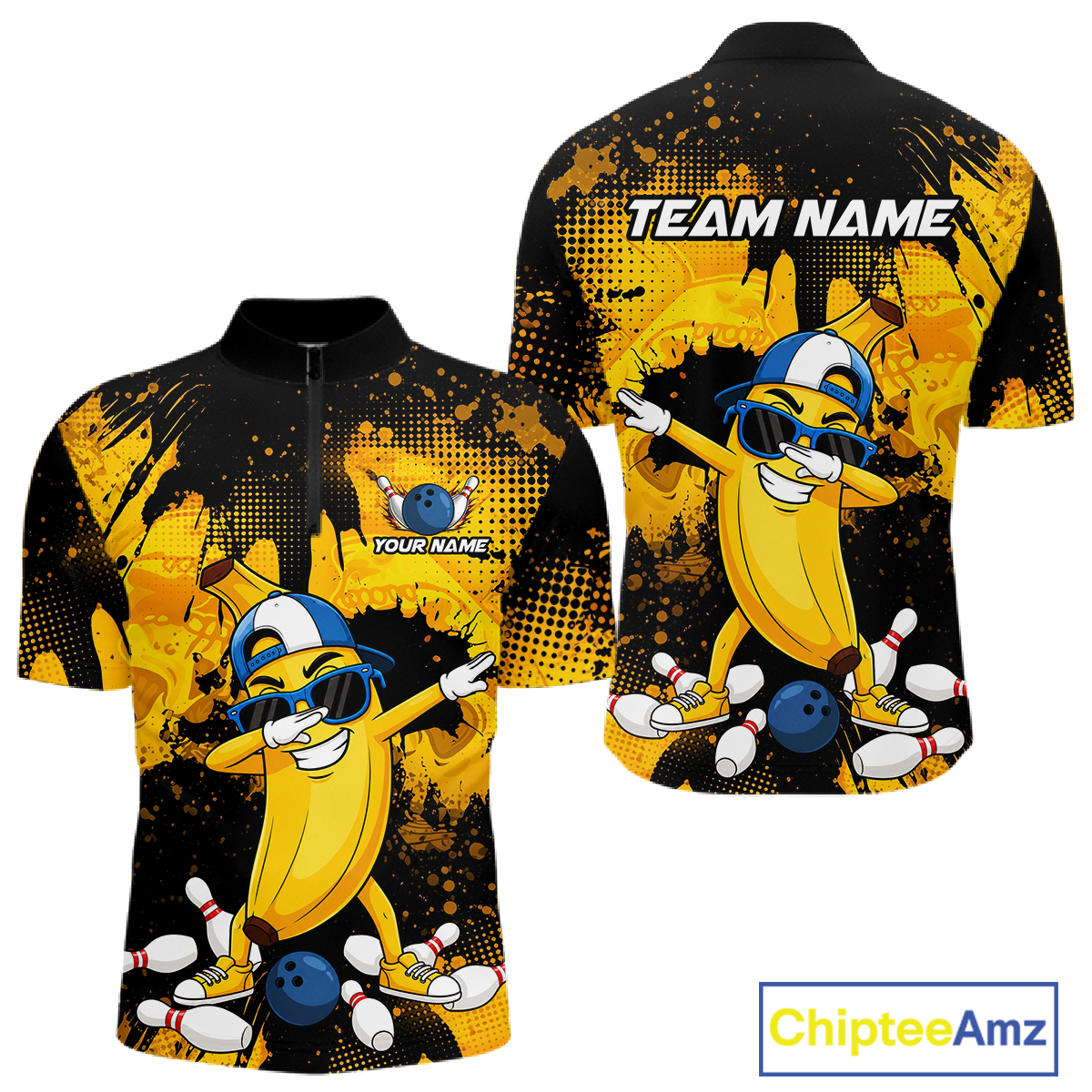 Front and back views of a black and yellow bowling quarter zip featuring a cool banana mascot dabbing, bowling pins, a blue bowling ball, and custom team text.
