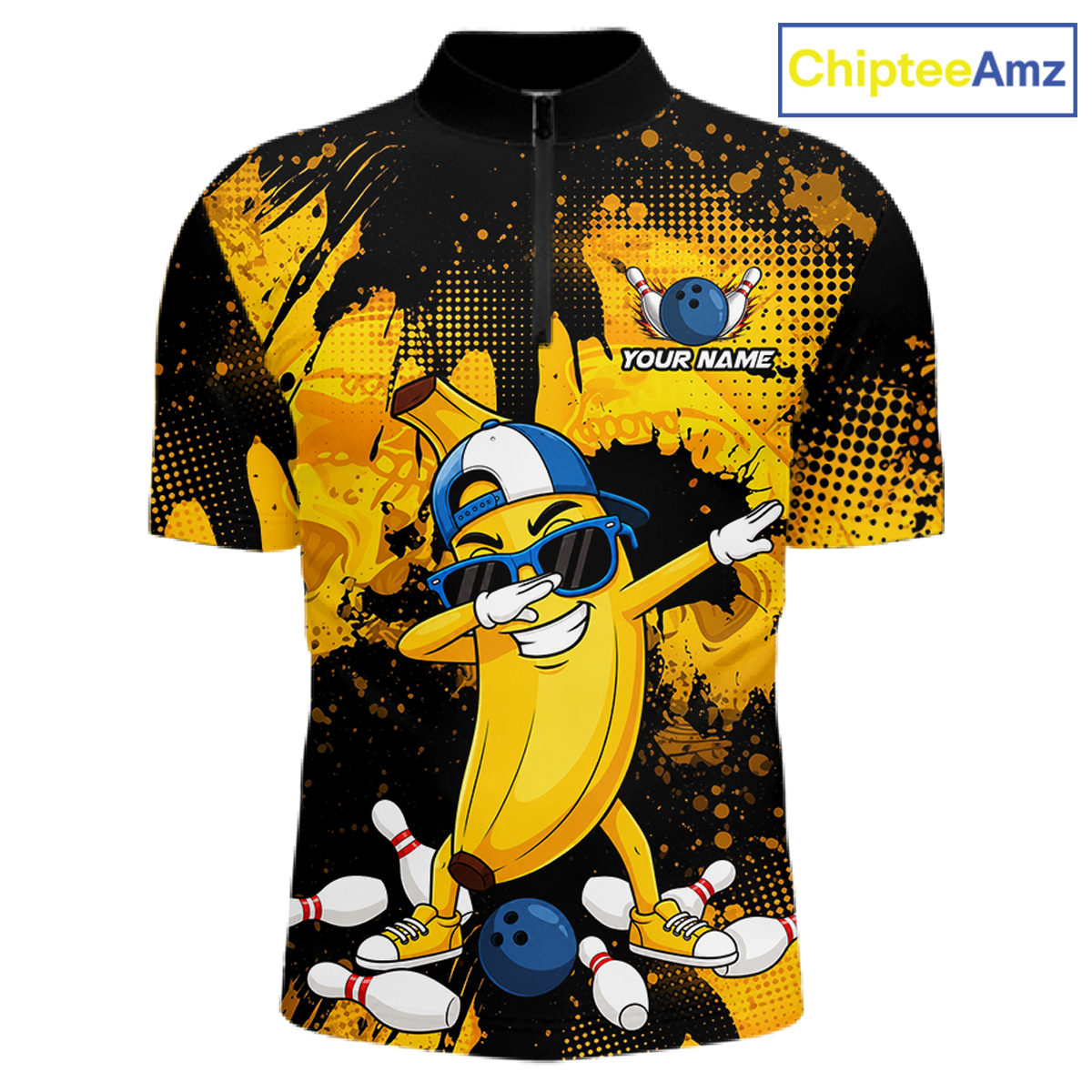 Shirt with cartoon banana character and bowling elements on a black and yellow background, branded 'ChipteeAmz'.
