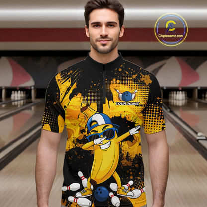 Man wearing a black and yellow bowling quarter zip featuring a cool banana mascot dabbing, bowling pins, a blue bowling ball, and custom your name text.