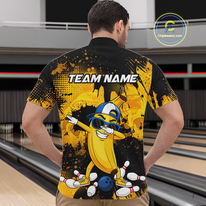 Man wearing a black and yellow bowling quarter zip featuring a cool banana mascot dabbing, bowling pins, a blue bowling ball, and custom team text.