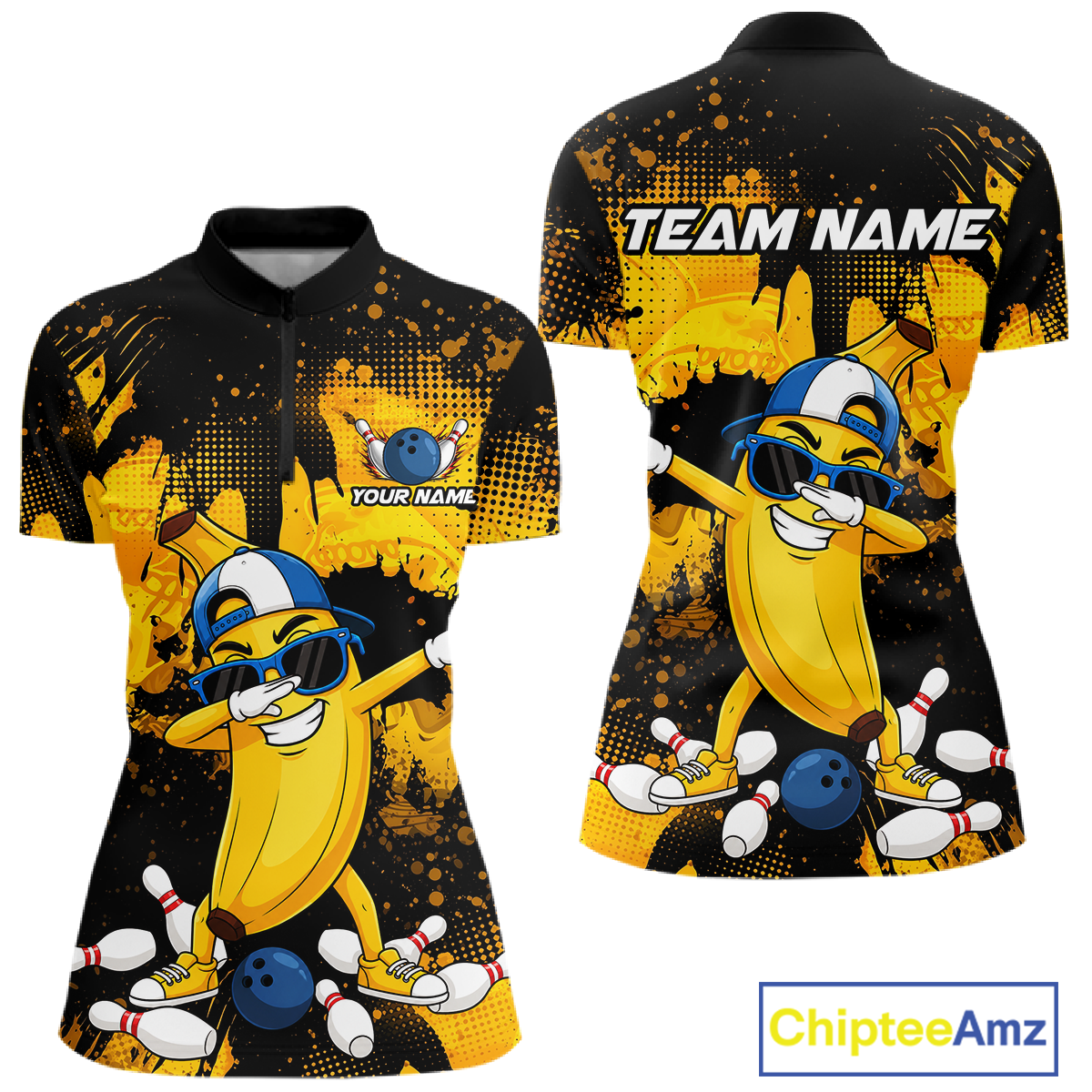 Front and back views of a black and yellow bowling quarter zip featuring a cool banana mascot dabbing, bowling pins, a blue bowling ball, and custom team text.