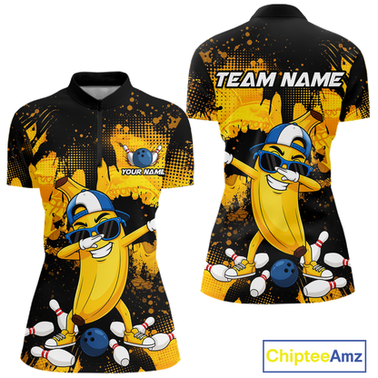 Front and back views of a black and yellow bowling quarter zip featuring a cool banana mascot dabbing, bowling pins, a blue bowling ball, and custom team text.