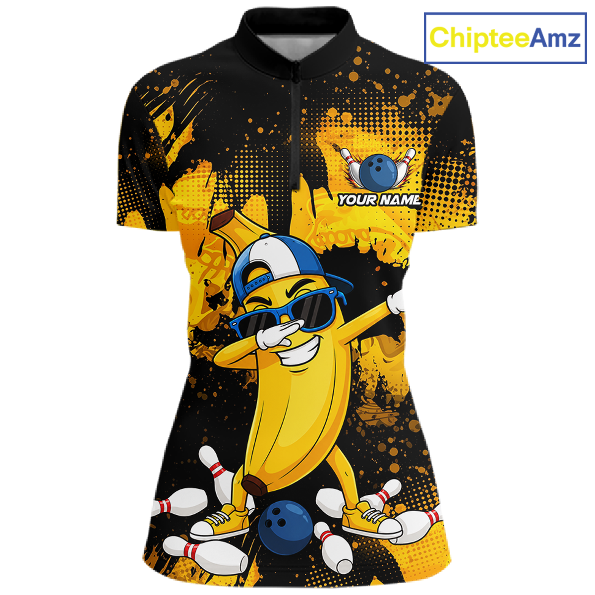 Front views of a black and yellow bowling quarter zip featuring a cool banana mascot dabbing, bowling pins, a blue bowling ball, and custom your name text.