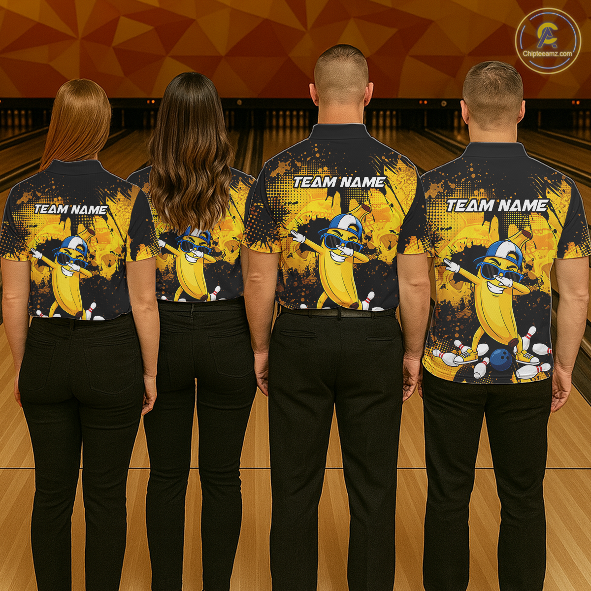 Four people wearing black and yellow bowling polo featuring a cool banana mascot dabbing, bowling pins, a blue bowling ball, and custom team text.