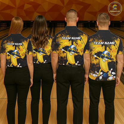 Four people wearing black and yellow bowling polo featuring a cool banana mascot dabbing, bowling pins, a blue bowling ball, and custom team text.