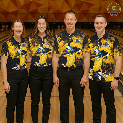 Four people wearing a black and yellow bowling polo featuring a cool banana mascot dabbing, bowling pins, a blue bowling ball, and custom team text.