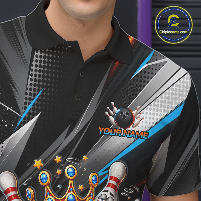 Personalized bowling polo shirt with a crowned bowling ball character surrounded by pins and angled graphic patterns across a black layout.