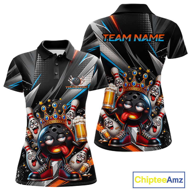 Front and back view personalized bowling polo shirt with a crowned bowling ball character surrounded by pins and angled graphic patterns across a black layout.