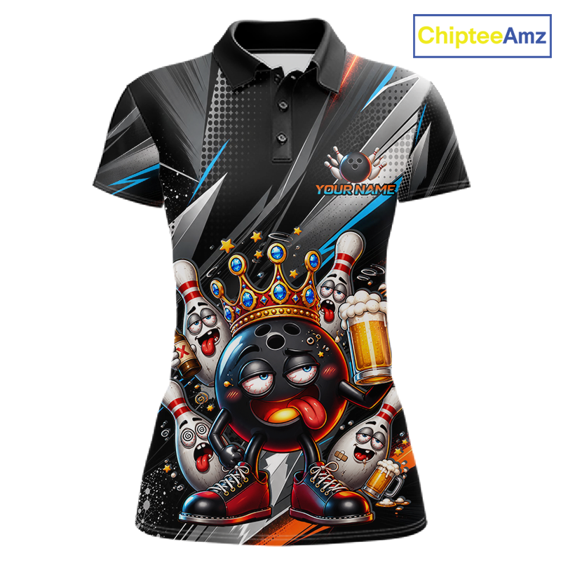 Front view personalized bowling polo shirt with a crowned bowling ball character surrounded by pins and angled graphic patterns across a black layout.