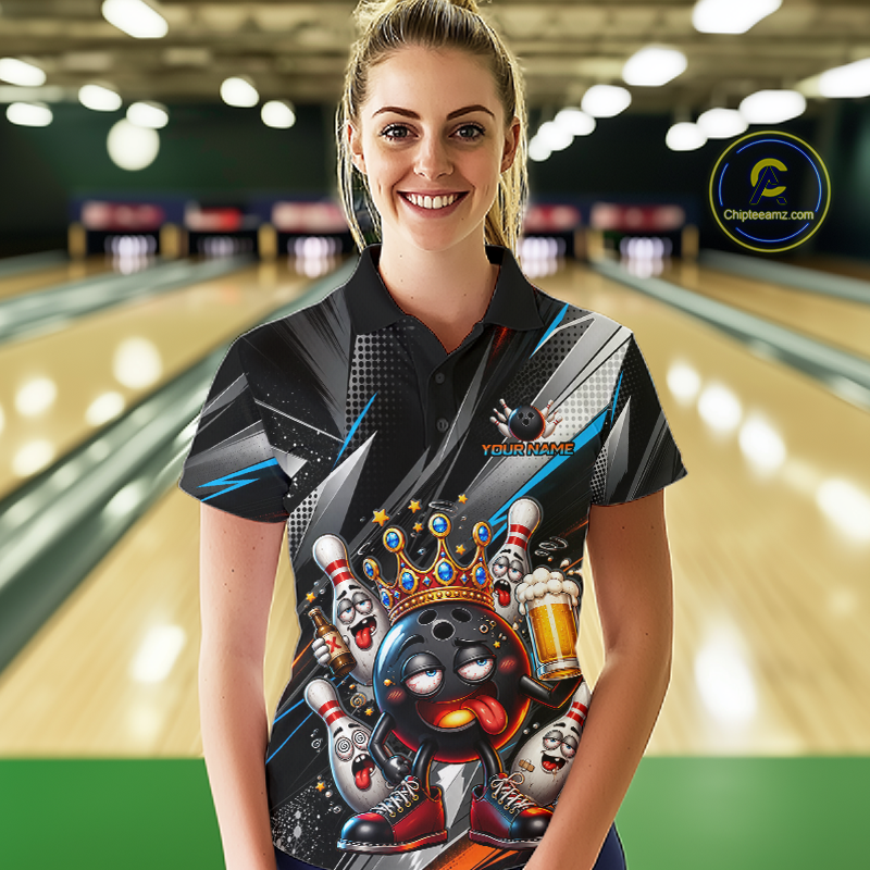 Women wearing personalized bowling polo shirt with a crowned bowling ball character surrounded by pins and angled graphic patterns across a black layout.