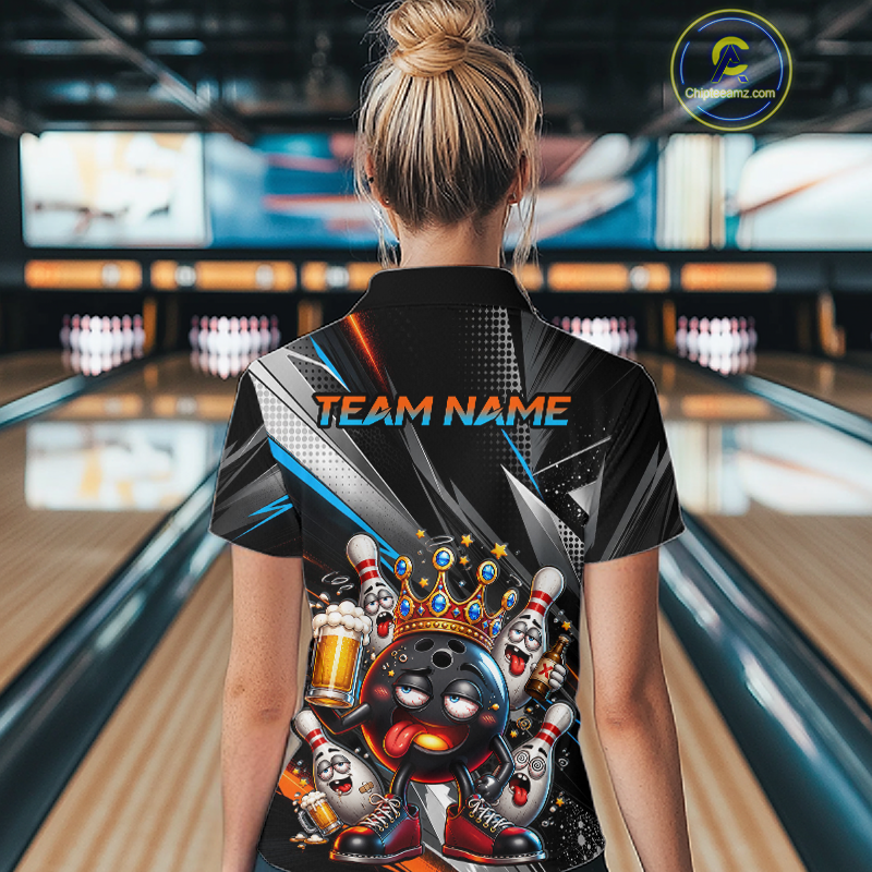 Women wearing personalized bowling polo shirt with a crowned bowling ball character surrounded by pins and angled graphic patterns across a black layout.