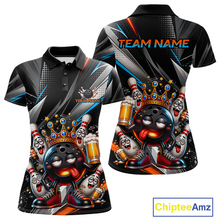 Load image into Gallery viewer, Front and back view personalized bowling polo shirt with a crowned bowling ball character surrounded by pins and angled graphic patterns across a black layout.