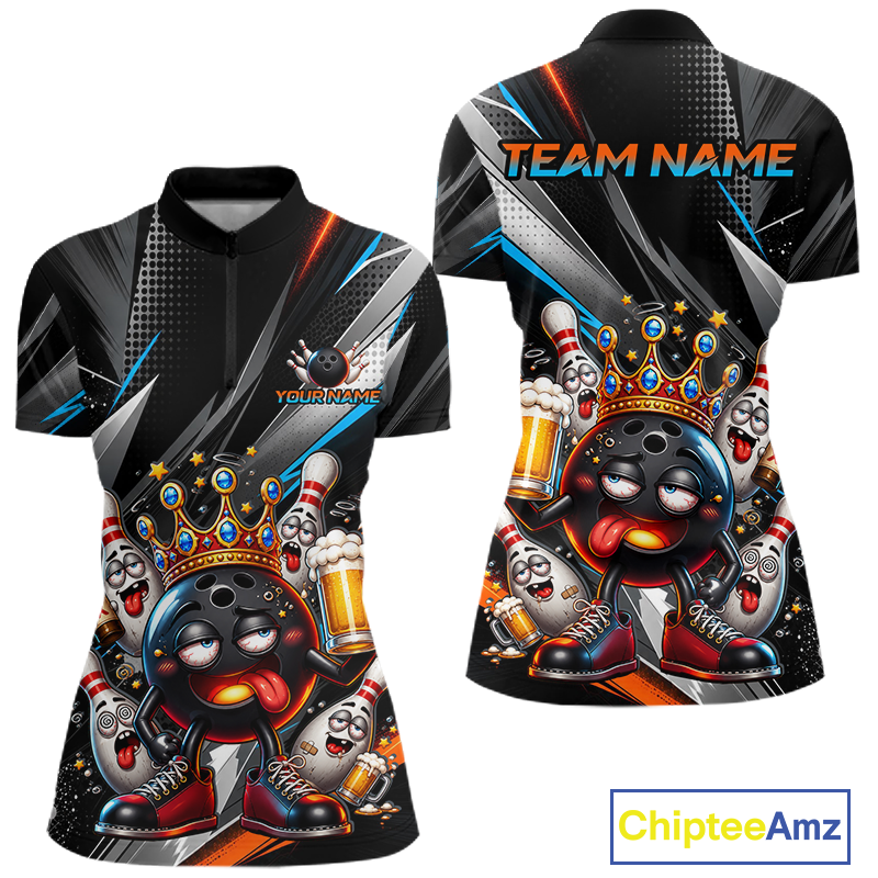 Front and back view personalized bowling quarter zip shirt with a crowned bowling ball character surrounded by pins and angled graphic patterns across a black layout.
