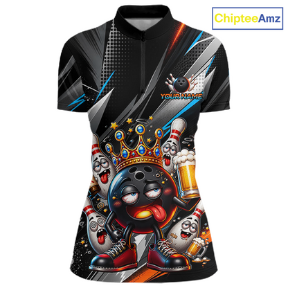 Front view personalized bowling quarter zip shirt with a crowned bowling ball character surrounded by pins and angled graphic patterns across a black layout.