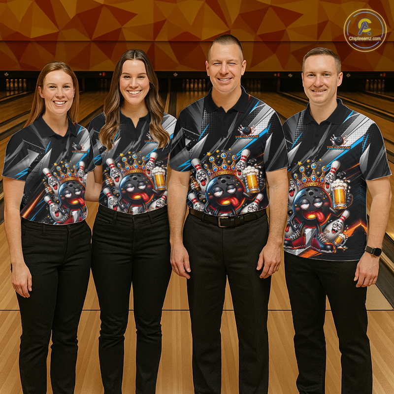 Four people wearing personalized bowling polo shirt with a crowned bowling ball character surrounded by pins and angled graphic patterns across a black layout.