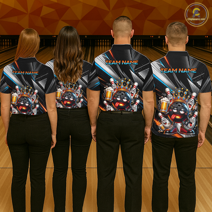 Four people wearing personalized bowling polo shirt with a crowned bowling ball character surrounded by pins and angled graphic patterns across a black layout.