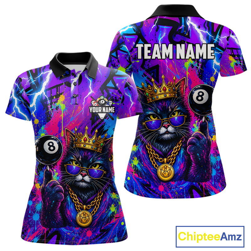 Custom short-sleeve polo shirt shown from the front and back, featuring a colorful neon graffiti-style print with a black cat wearing a gold crown and sunglasses, a black 8-ball, and purple lightning effects. The front has a black collar, and the back has 'TEAM NAME' printed in white.