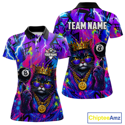 Custom short-sleeve polo shirt shown from the front and back, featuring a colorful neon graffiti-style print with a black cat wearing a gold crown and sunglasses, a black 8-ball, and purple lightning effects. The front has a black collar, and the back has 'TEAM NAME' printed in white.