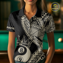 Load image into Gallery viewer, Women wearing personalized billiards polo shirt with crowned eight and nine ball artwork integrated into flowing geometric patterns on a black layout.
