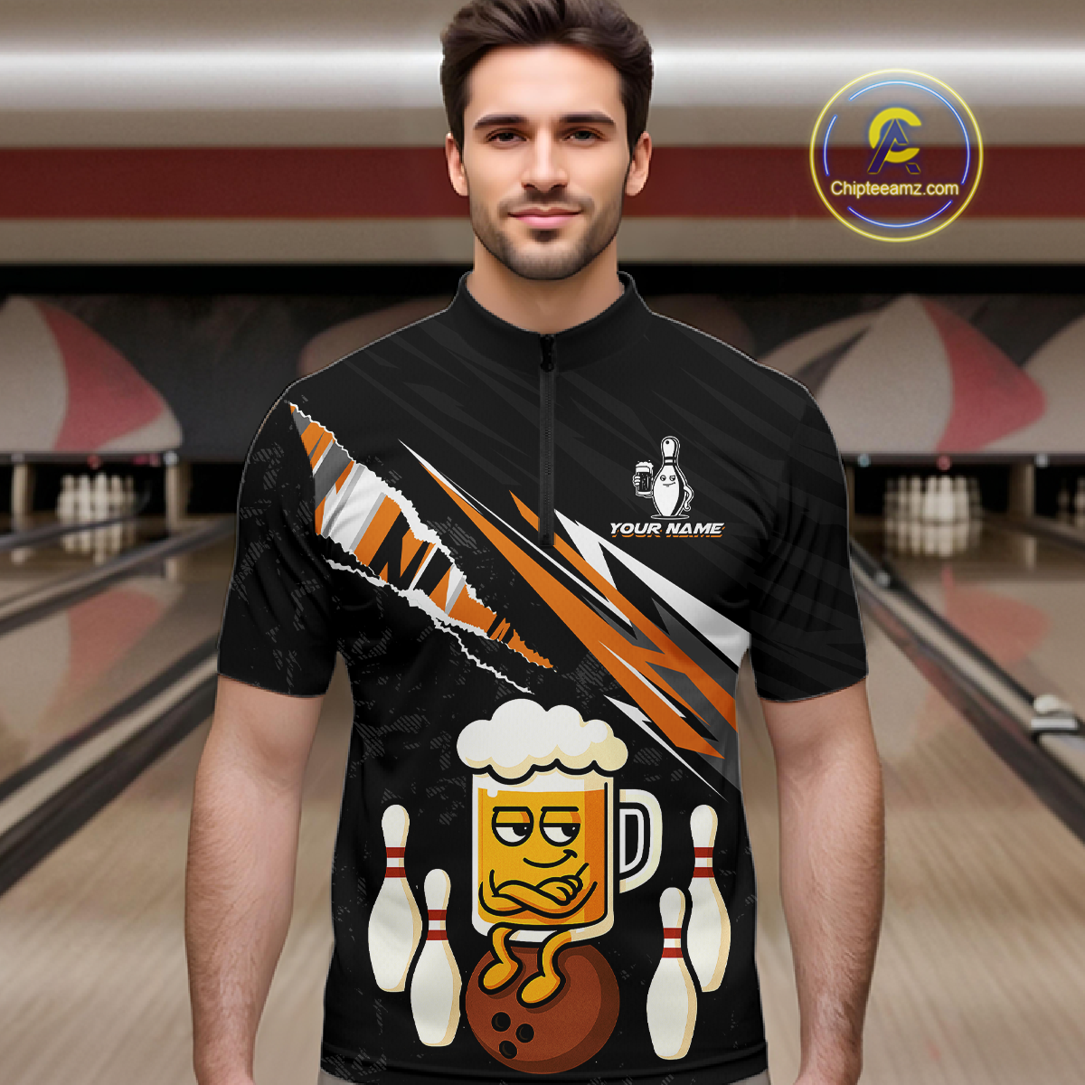 Custom Orange Funny Beer Bowling Jersey for Men Bowling Team Shirts Polo & 1/4 Zip HNT170