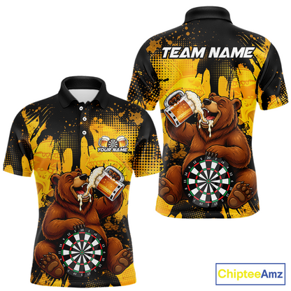 Front and back views of a black and yellow darts polo featuring a bear drinking beer, dartboard graphics, and custom team and player name text.