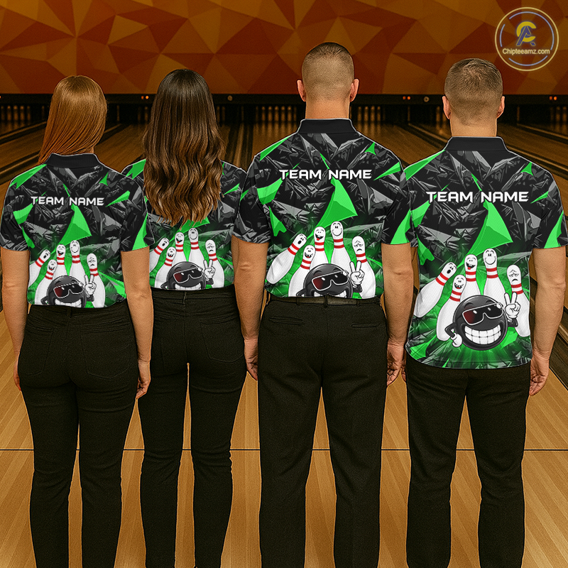Four people standing with their backs to the camera in a bowling alley, wearing matching green and black bowling-themed jerseys with bowling pin graphics and customizable 'TEAM NAME' text on the back.
