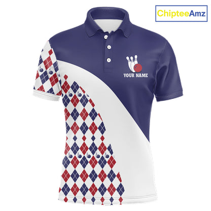 Custom Blue Red Argyle Pattern Bowling Jersey for Men Bowling Team Shirts Polo & 1/4 Zip HNT499