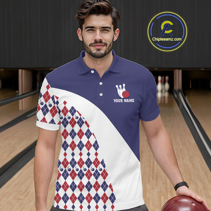Custom Blue Red Argyle Pattern Bowling Jersey for Men Bowling Team Shirts Polo & 1/4 Zip HNT499