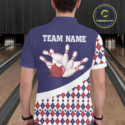 Custom Blue Red Argyle Pattern Bowling Jersey for Men Bowling Team Shirts Polo & 1/4 Zip HNT499