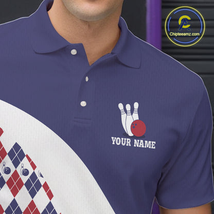 Custom Blue Red Argyle Pattern Bowling Jersey for Men Bowling Team Shirts Polo & 1/4 Zip HNT499