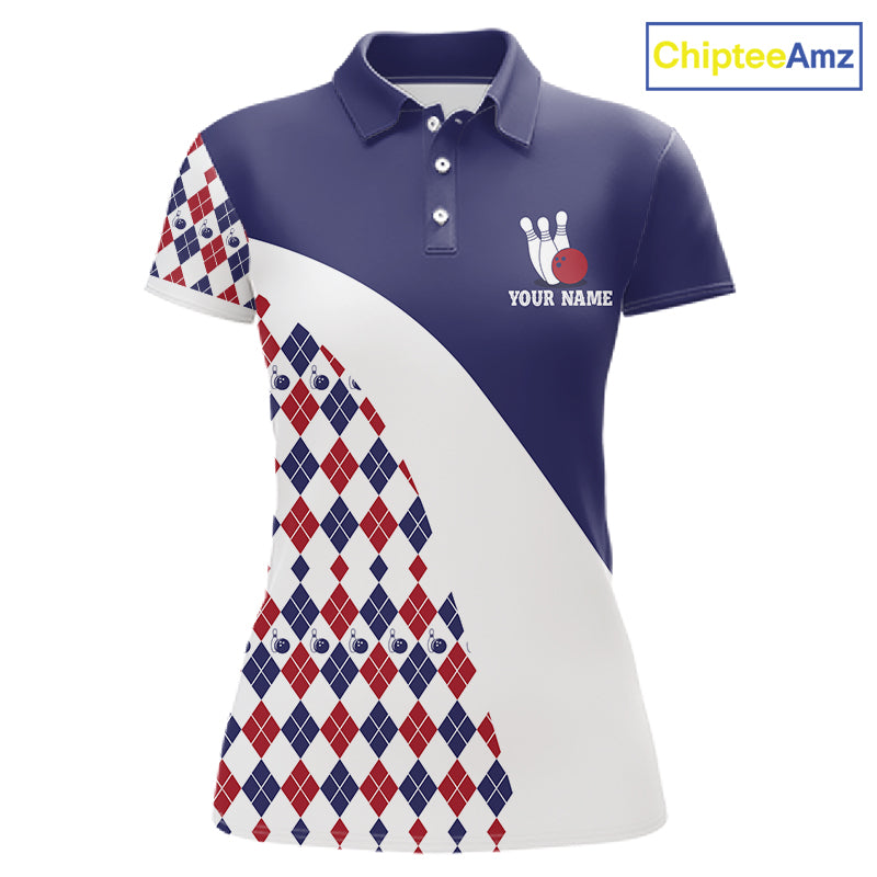 Custom Blue Red Argyle Pattern Bowling Jersey for Women Bowling Team Shirts Polo & 1/4 Zip HNT499