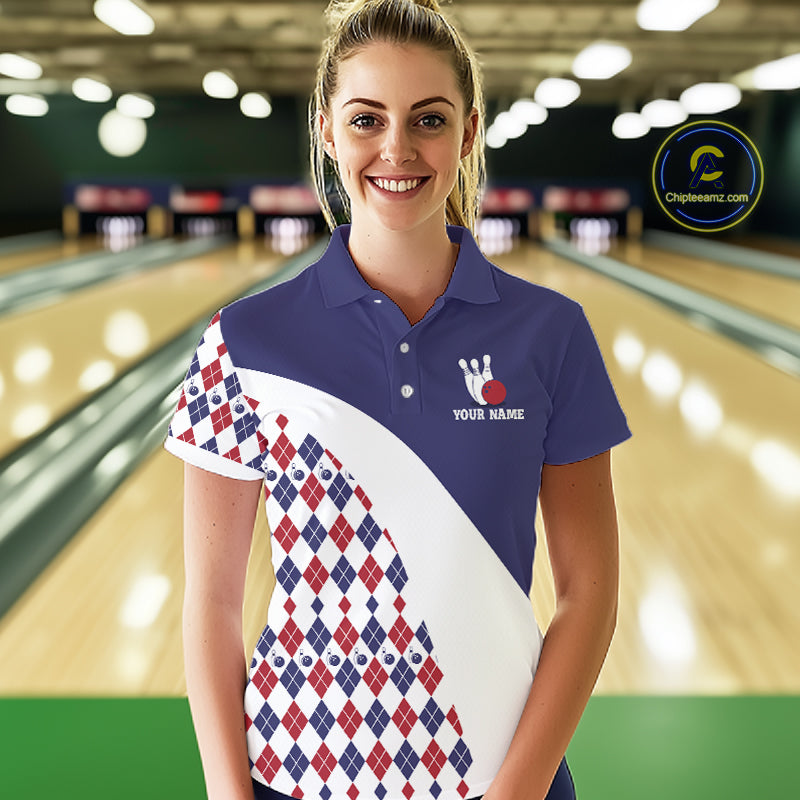 Custom Blue Red Argyle Pattern Bowling Jersey for Women Bowling Team Shirts Polo & 1/4 Zip HNT499
