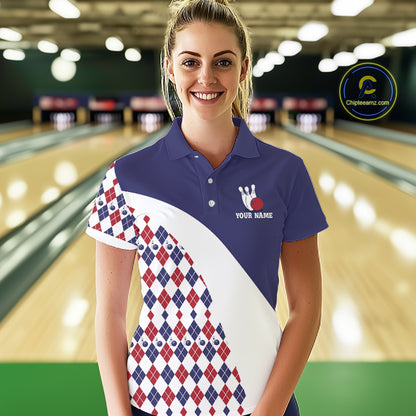 Custom Blue Red Argyle Pattern Bowling Jersey for Women Bowling Team Shirts Polo & 1/4 Zip HNT499