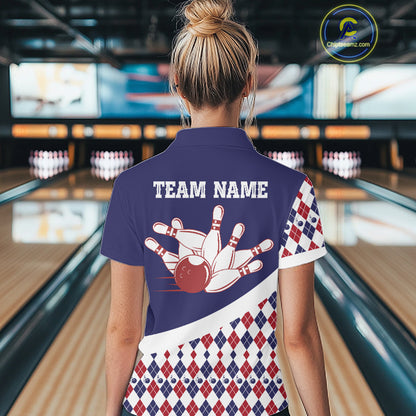 Custom Blue Red Argyle Pattern Bowling Jersey for Women Bowling Team Shirts Polo & 1/4 Zip HNT499
