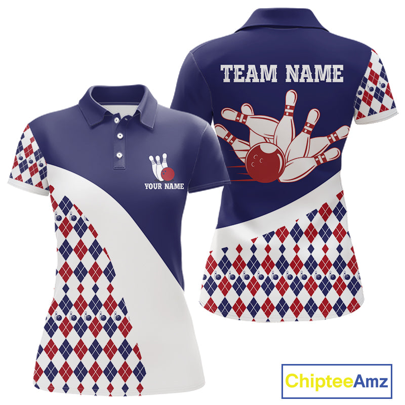 Custom Blue Red Argyle Pattern Bowling Jersey for Women Bowling Team Shirts Polo & 1/4 Zip HNT499