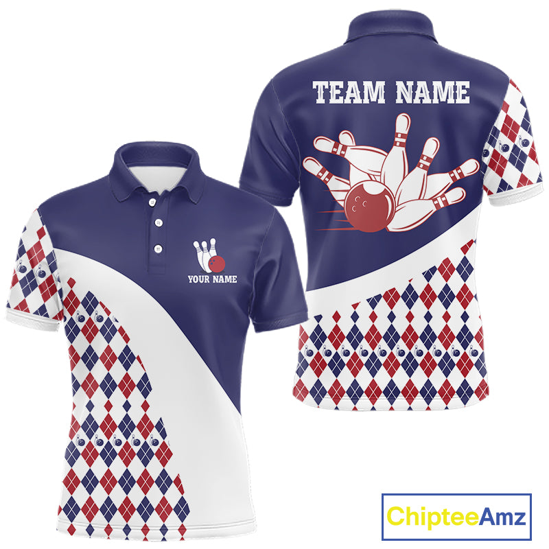 Custom Blue Red Argyle Pattern Bowling Jersey for Men Bowling Team Shirts Polo & 1/4 Zip HNT499