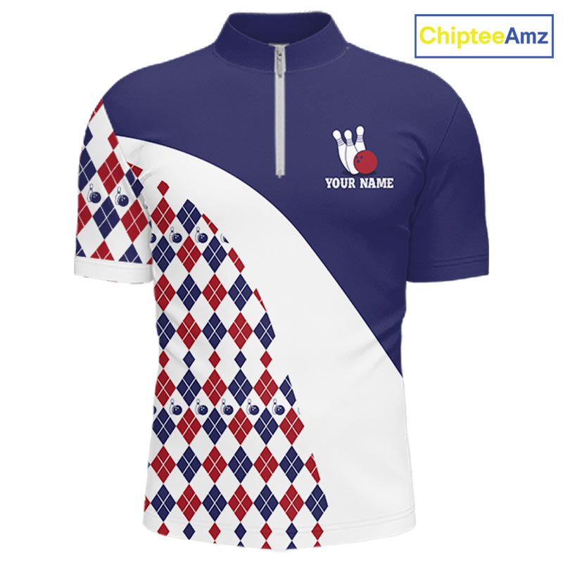 Custom Blue Red Argyle Pattern Bowling Jersey for Men Bowling Team Shirts Polo & 1/4 Zip HNT499