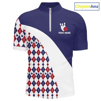 Custom Blue Red Argyle Pattern Bowling Jersey for Men Bowling Team Shirts Polo & 1/4 Zip HNT499